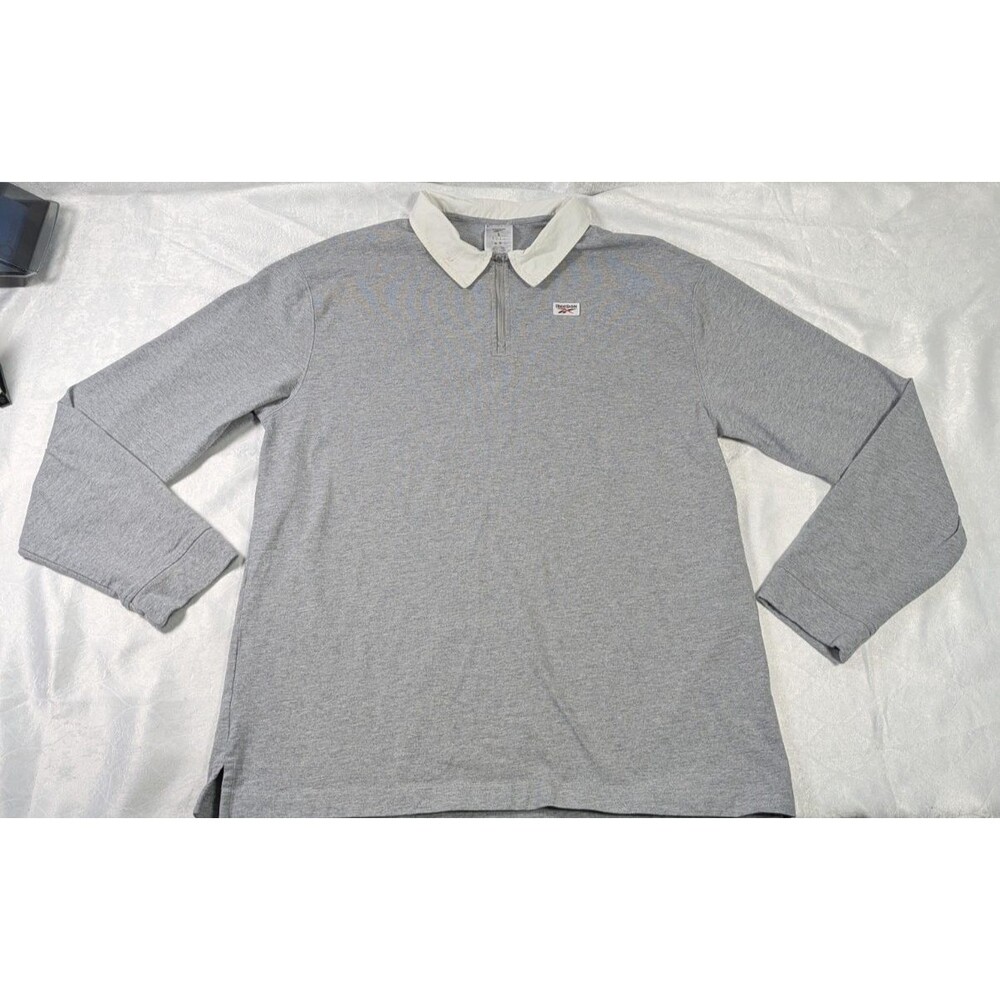 Reebok Men's L Court Sport Quarter Zip Long Sleeve Rugby Polo Gray White